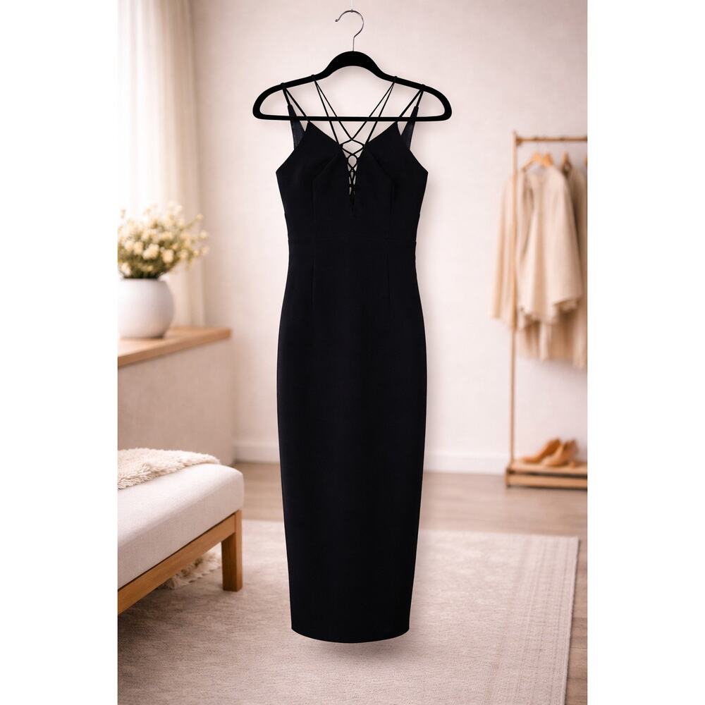 Bardot Black Midi Dress 6 Lace Up Plunge Strappy Cocktail Bodycon Slit NWT Prom